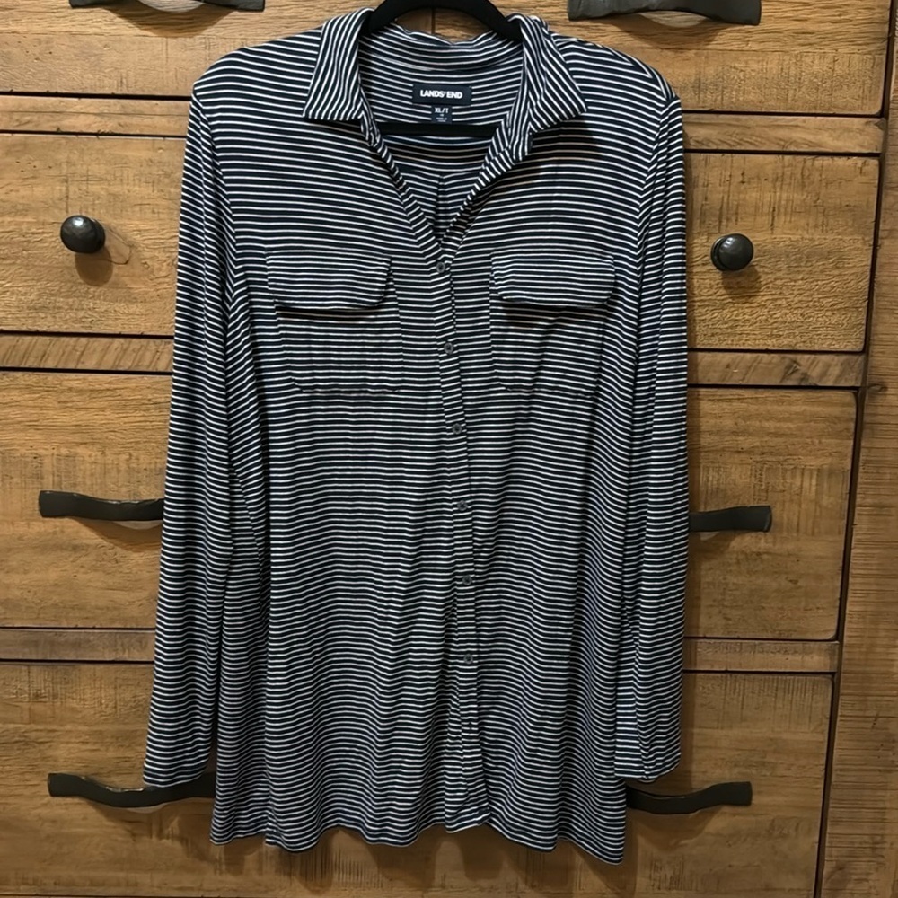Lands End knit button down blouse navy and white striped